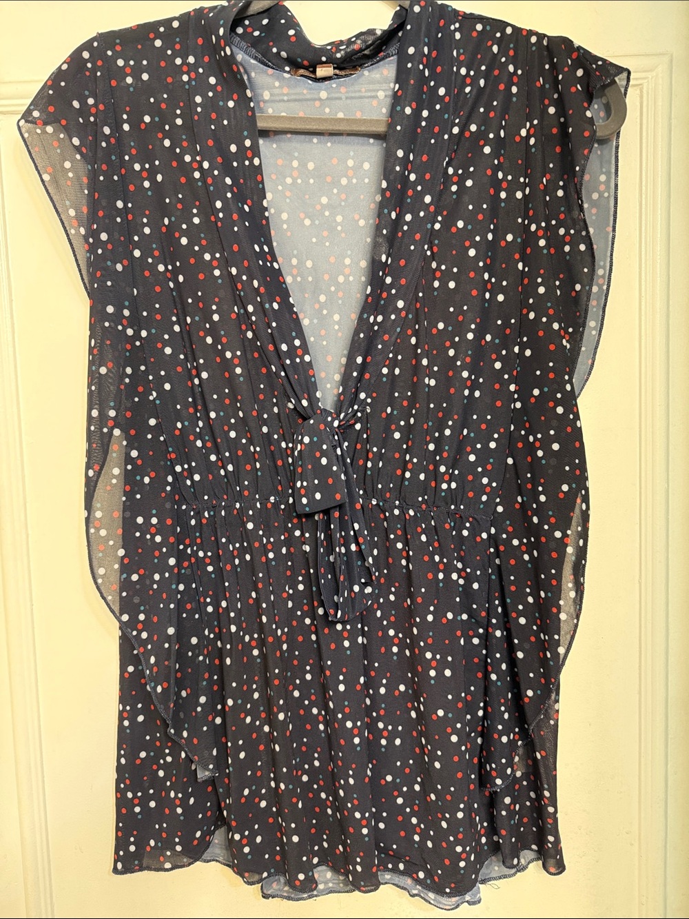 Navy Polka Dot Tie-Front Blouse with Flutter Sleeves